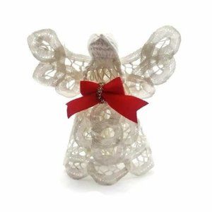 White Angel Crochet w/Red Ribbon Handmade Ornament Vintage Holiday Décor Gift 4"